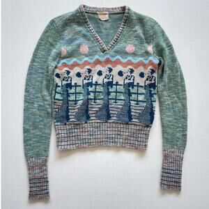 Vtg 70s Green Space Knit Art Deco Fitted Knit Sweater Top / Sz S Retro Landscape